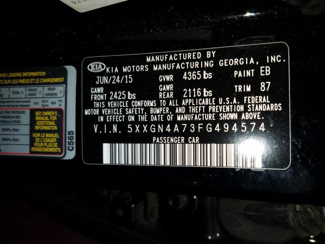 Photo 9 VIN: 5XXGN4A73FG494574 - KIA OPTIMA EX 