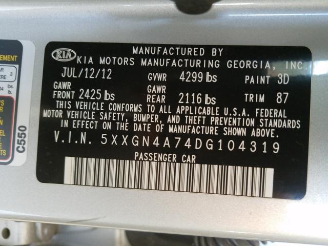 Photo 9 VIN: 5XXGN4A74DG104319 - KIA OPTIMA EX 