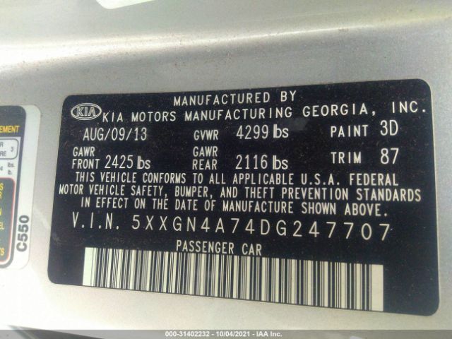 Photo 8 VIN: 5XXGN4A74DG247707 - KIA OPTIMA 