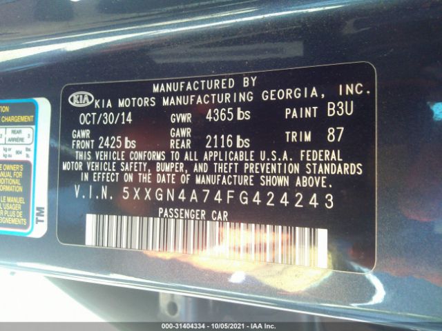 Photo 8 VIN: 5XXGN4A74FG424243 - KIA OPTIMA 