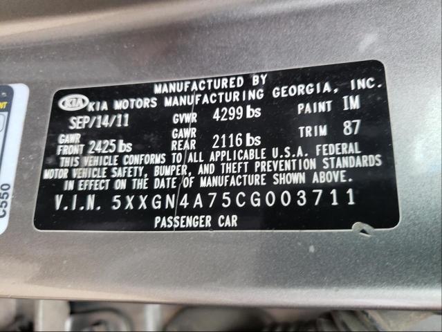 Photo 9 VIN: 5XXGN4A75CG003711 - KIA OPTIMA EX 