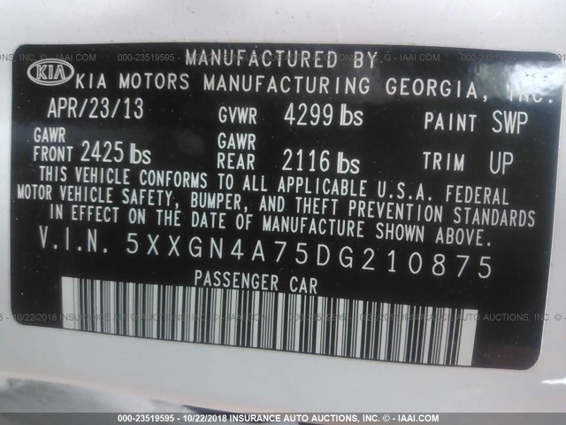 Photo 8 VIN: 5XXGN4A75DG210875 - KIA OPTIMA 