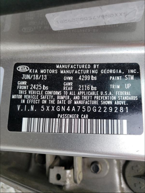 Photo 9 VIN: 5XXGN4A75DG229281 - KIA OPTIMA EX 