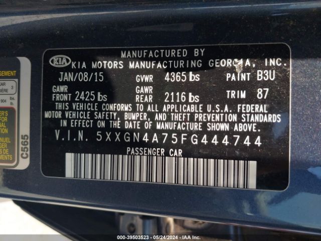 Photo 8 VIN: 5XXGN4A75FG444744 - KIA OPTIMA 