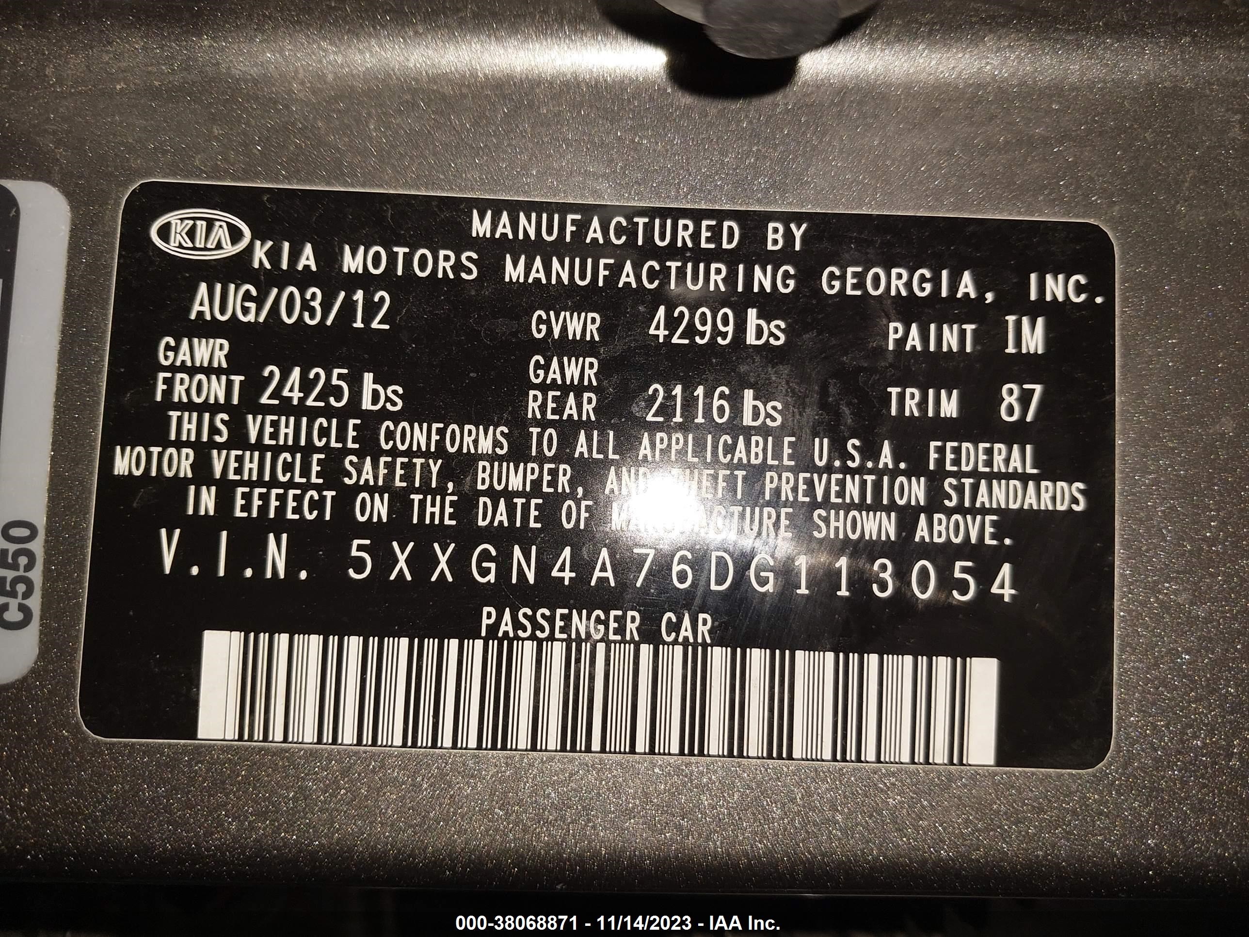 Photo 8 VIN: 5XXGN4A76DG113054 - KIA OPTIMA 