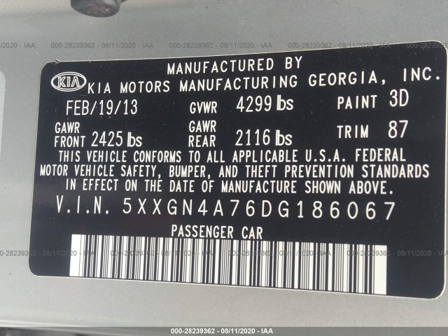 Photo 8 VIN: 5XXGN4A76DG186067 - KIA OPTIMA 