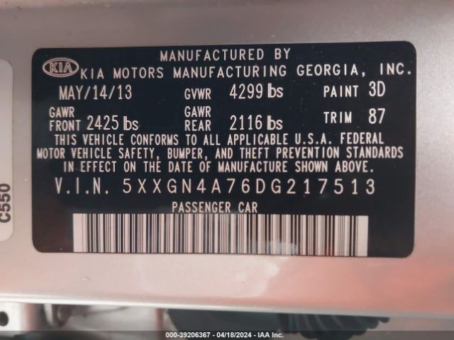 Photo 8 VIN: 5XXGN4A76DG217513 - KIA OPTIMA 