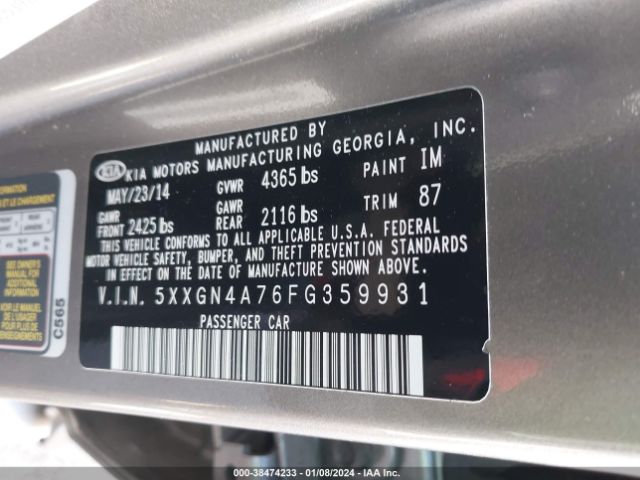 Photo 8 VIN: 5XXGN4A76FG359931 - KIA OPTIMA 