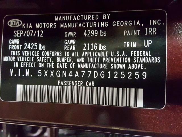 Photo 9 VIN: 5XXGN4A77DG125259 - KIA OPTIMA EX 