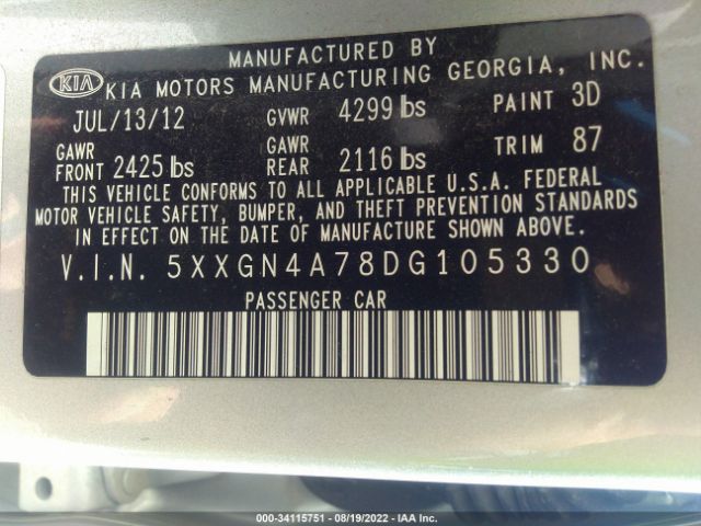 Photo 8 VIN: 5XXGN4A78DG105330 - KIA OPTIMA 