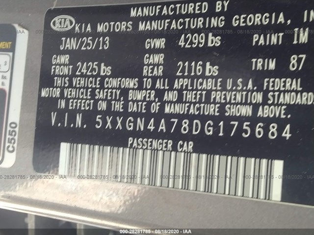 Photo 8 VIN: 5XXGN4A78DG175684 - KIA OPTIMA 