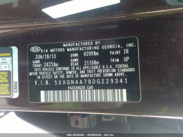 Photo 8 VIN: 5XXGN4A78DG229341 - KIA OPTIMA 