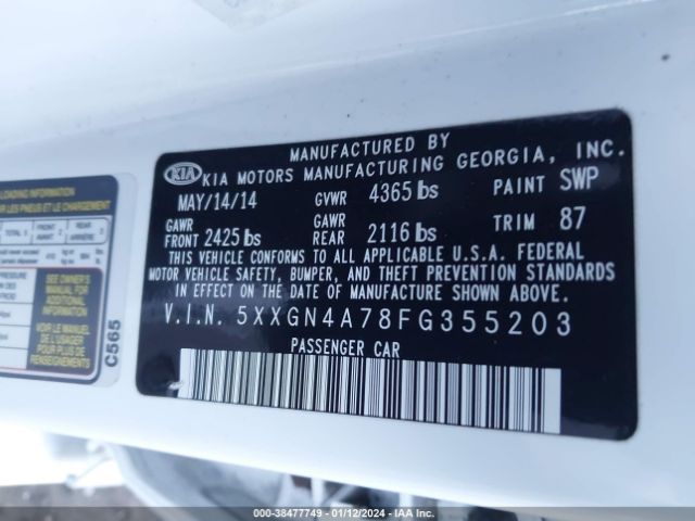 Photo 8 VIN: 5XXGN4A78FG355203 - KIA OPTIMA 