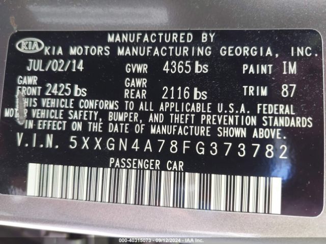 Photo 8 VIN: 5XXGN4A78FG373782 - KIA OPTIMA 