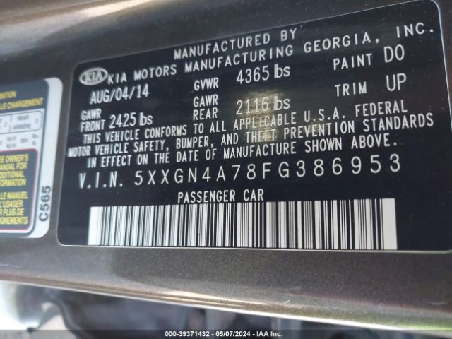 Photo 8 VIN: 5XXGN4A78FG386953 - KIA OPTIMA 