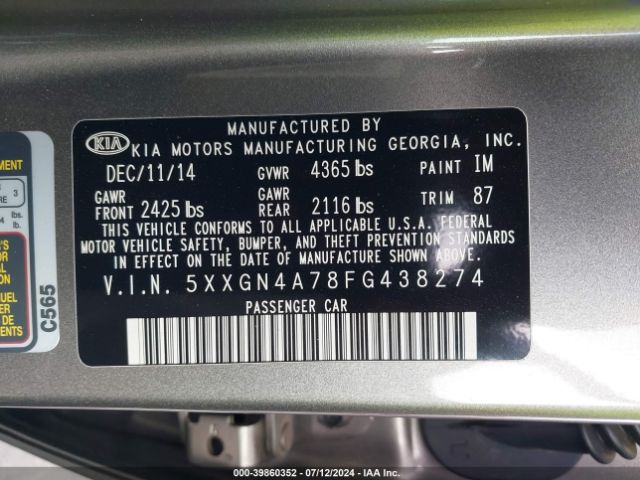 Photo 8 VIN: 5XXGN4A78FG438274 - KIA OPTIMA 