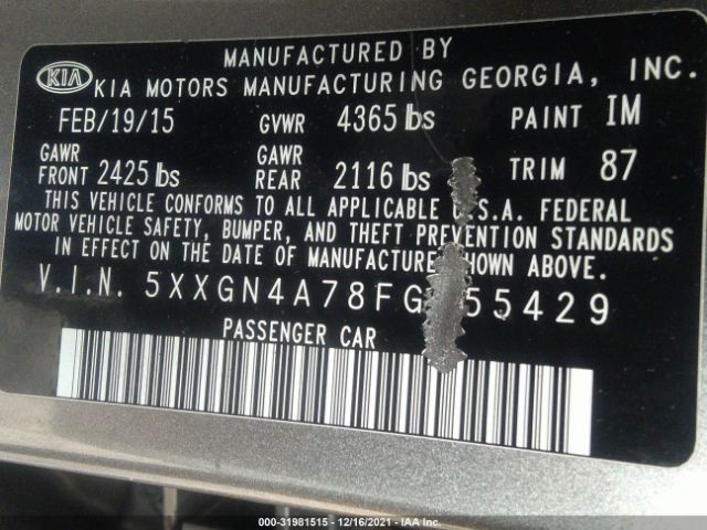 Photo 8 VIN: 5XXGN4A78FG455429 - KIA OPTIMA 