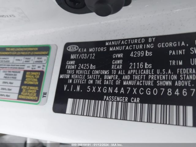 Photo 8 VIN: 5XXGN4A7XCG078467 - KIA OPTIMA 