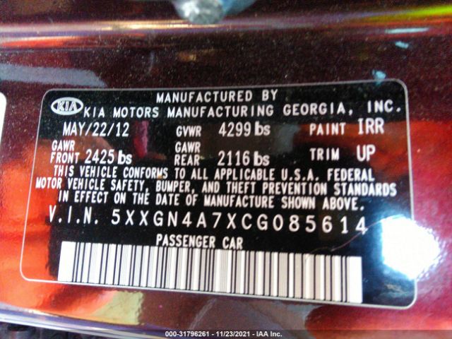 Photo 8 VIN: 5XXGN4A7XCG085614 - KIA OPTIMA 