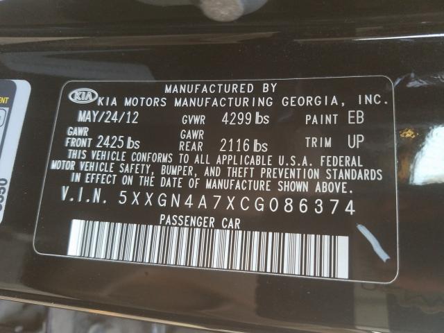 Photo 9 VIN: 5XXGN4A7XCG086374 - KIA OPTIMA EX 