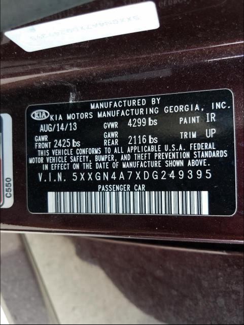 Photo 9 VIN: 5XXGN4A7XDG249395 - KIA OPTIMA EX 