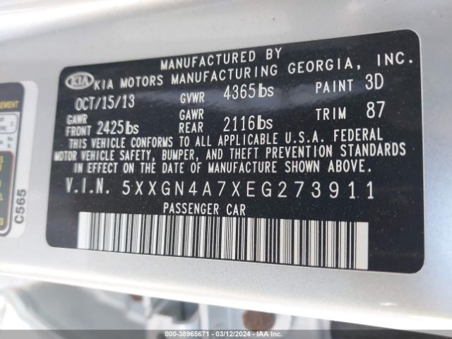 Photo 8 VIN: 5XXGN4A7XEG273911 - KIA OPTIMA 