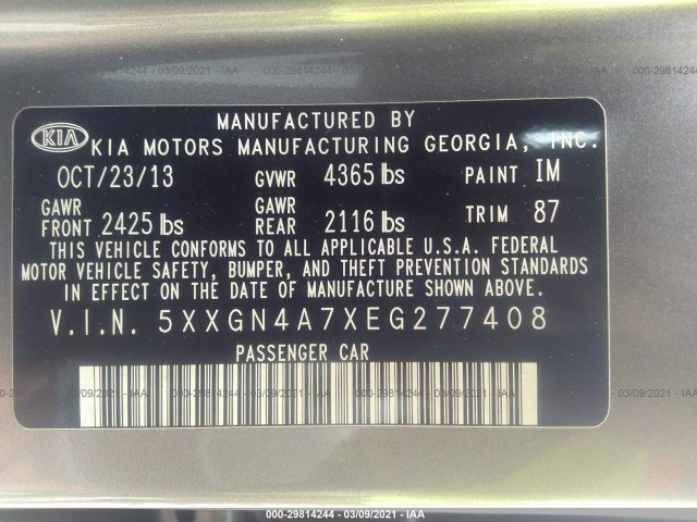 Photo 8 VIN: 5XXGN4A7XEG277408 - KIA OPTIMA 