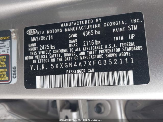 Photo 8 VIN: 5XXGN4A7XFG352111 - KIA OPTIMA 