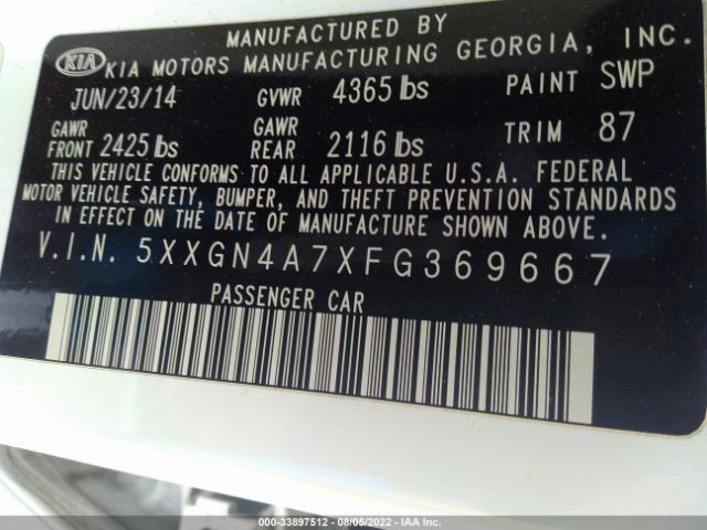 Photo 8 VIN: 5XXGN4A7XFG369667 - KIA OPTIMA 