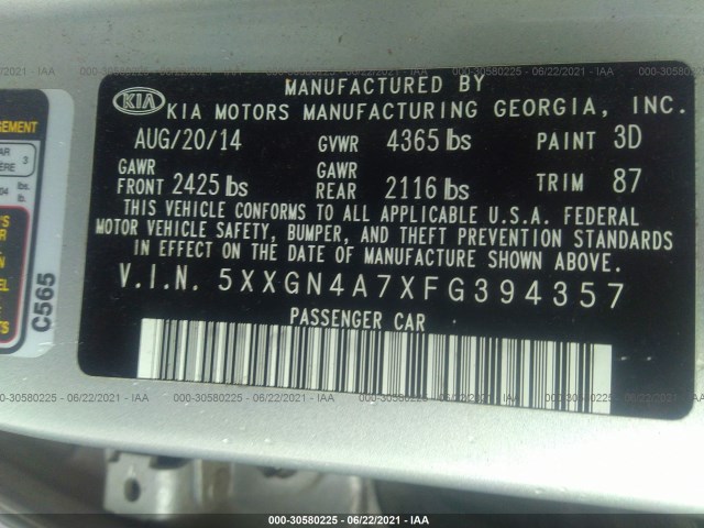 Photo 8 VIN: 5XXGN4A7XFG394357 - KIA OPTIMA 