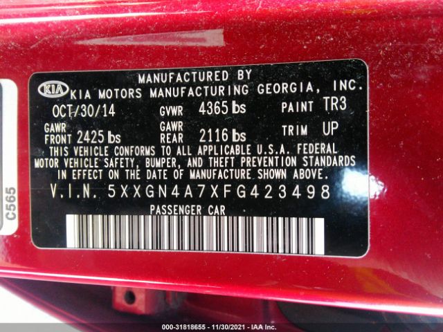 Photo 8 VIN: 5XXGN4A7XFG423498 - KIA OPTIMA 