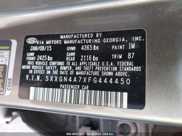 Photo 8 VIN: 5XXGN4A7XFG444450 - KIA OPTIMA 