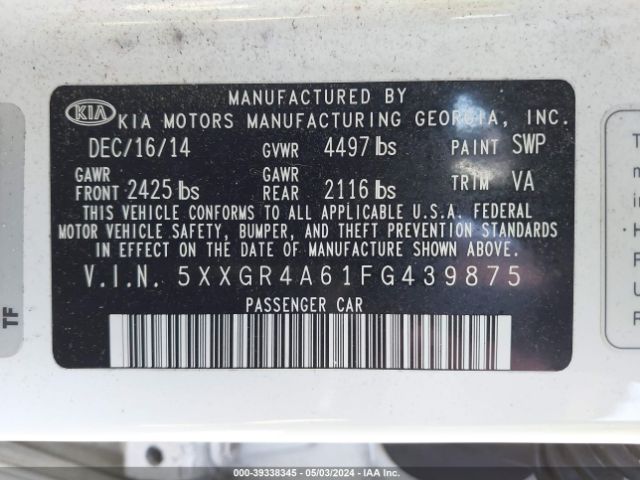 Photo 8 VIN: 5XXGR4A61FG439875 - KIA OPTIMA 