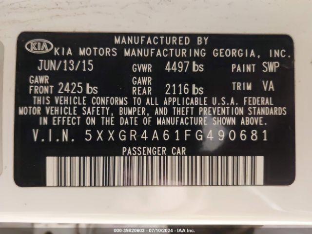 Photo 8 VIN: 5XXGR4A61FG490681 - KIA OPTIMA 