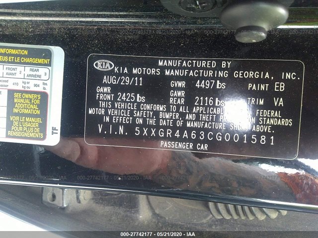 Photo 8 VIN: 5XXGR4A63CG001581 - KIA OPTIMA 