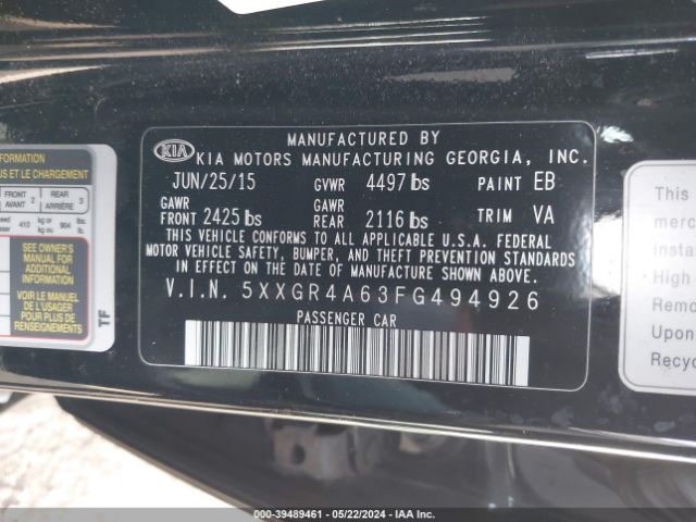 Photo 8 VIN: 5XXGR4A63FG494926 - KIA OPTIMA 