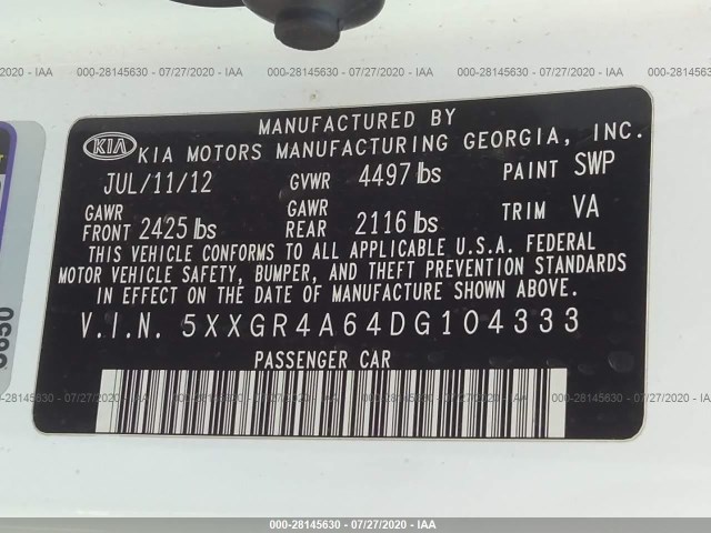 Photo 8 VIN: 5XXGR4A64DG104333 - KIA OPTIMA SX 