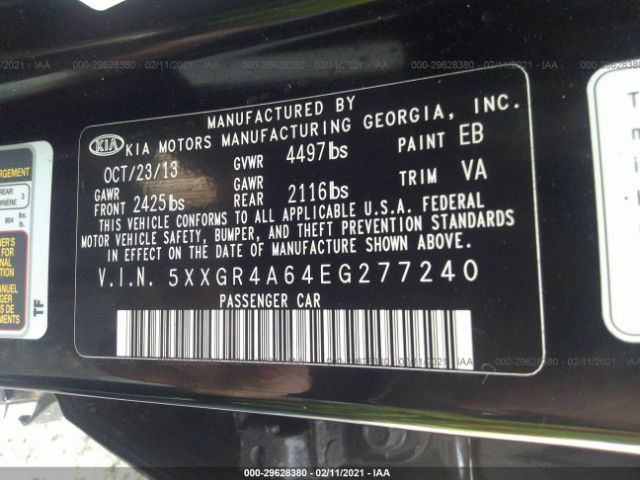 Photo 8 VIN: 5XXGR4A64EG277240 - KIA OPTIMA 