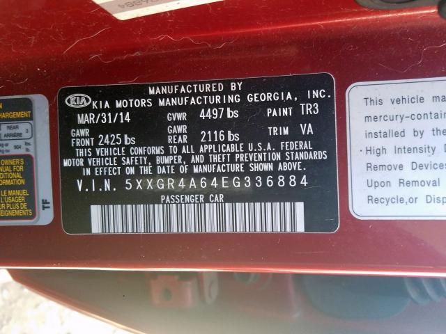 Photo 9 VIN: 5XXGR4A64EG336884 - KIA OPTIMA 