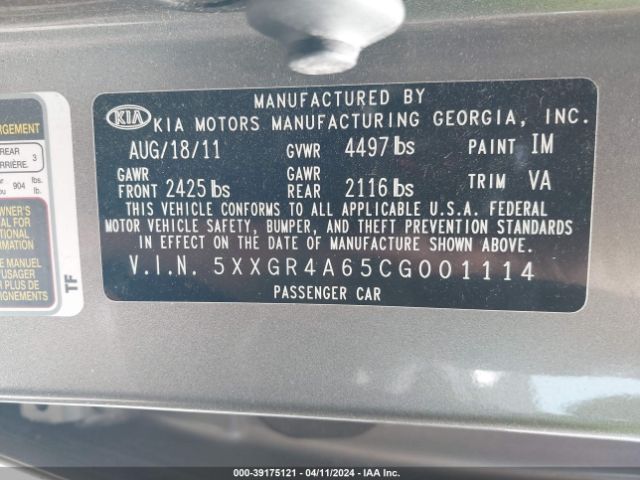 Photo 8 VIN: 5XXGR4A65CG001114 - KIA OPTIMA 