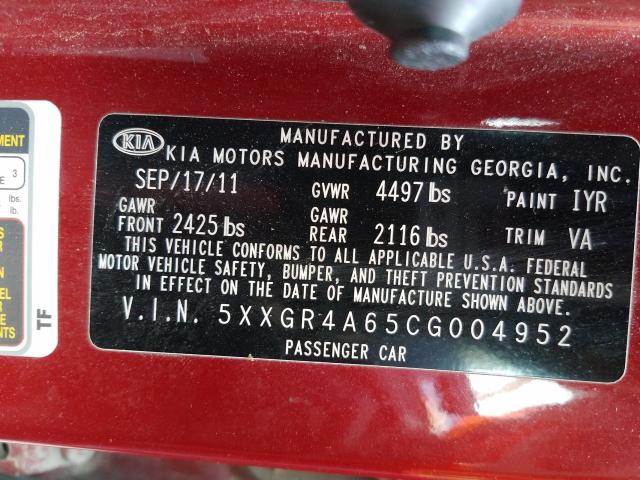 Photo 9 VIN: 5XXGR4A65CG004952 - KIA OPTIMA SX 