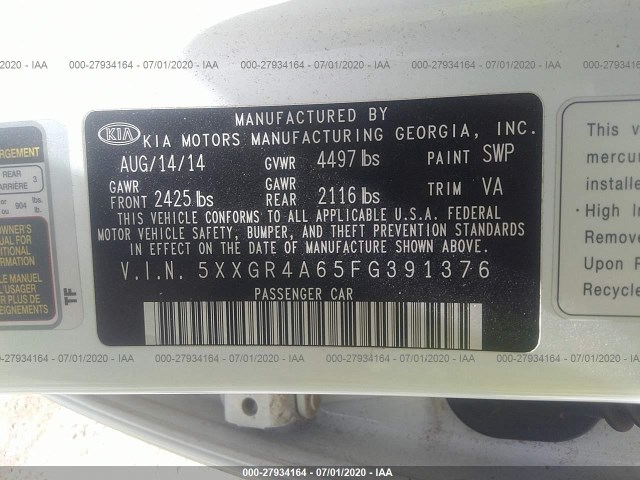 Photo 8 VIN: 5XXGR4A65FG391376 - KIA OPTIMA 