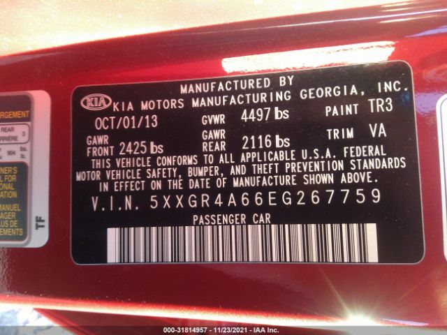 Photo 8 VIN: 5XXGR4A66EG267759 - KIA OPTIMA 