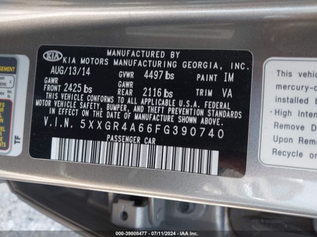 Photo 8 VIN: 5XXGR4A66FG390740 - KIA OPTIMA 