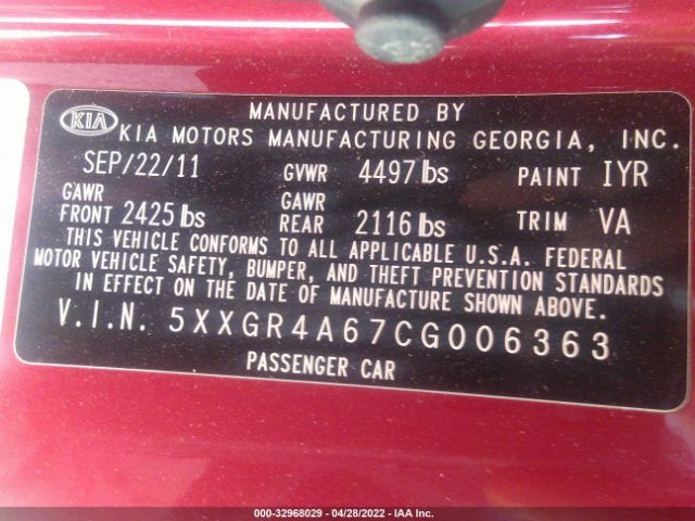 Photo 8 VIN: 5XXGR4A67CG006363 - KIA OPTIMA 