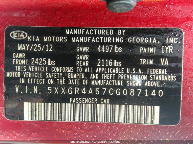 Photo 8 VIN: 5XXGR4A67CG087140 - KIA OPTIMA 