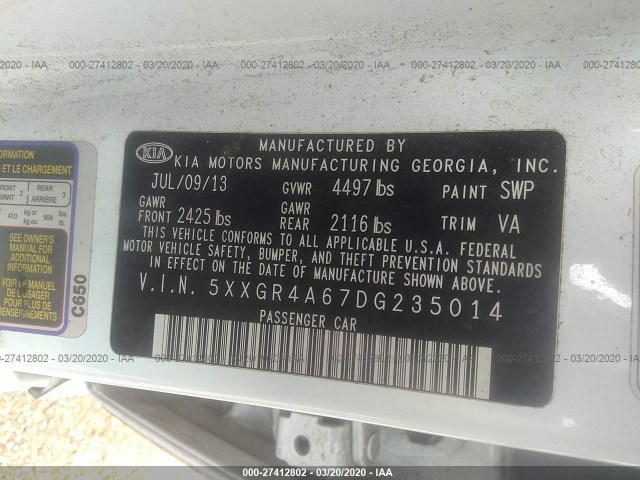 Photo 8 VIN: 5XXGR4A67DG235014 - KIA OPTIMA 