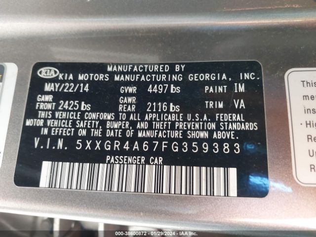 Photo 8 VIN: 5XXGR4A67FG359383 - KIA OPTIMA 