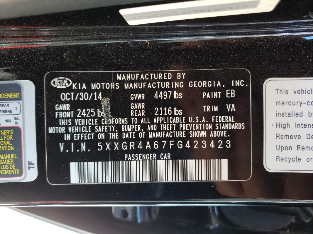 Photo 9 VIN: 5XXGR4A67FG423423 - KIA OPTIMA SX 