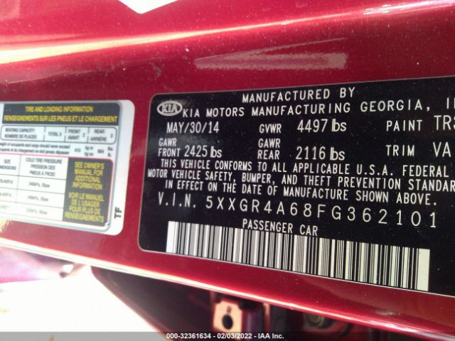 Photo 8 VIN: 5XXGR4A68FG362101 - KIA OPTIMA 